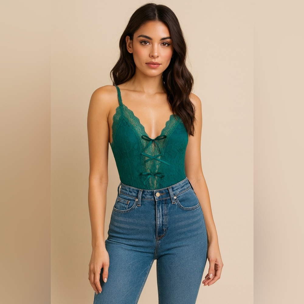 Vtg Victoria's Secret Gold‎ Label Kelly Green Bodysuit M Coquette Lace Lingerie